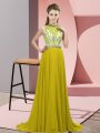 Gorgeous Olive Green Empire Chiffon Halter Top Sleeveless Beading Backless Prom Party Dress Brush Train