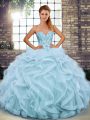 Custom Designed Light Blue Tulle Lace Up Sweetheart Sleeveless Floor Length Ball Gown Prom Dress Beading and Ruffles