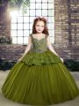 Olive Green Straps Sleeveless Tulle Floor Length Lace Up Beading Custom Made Pageant Dress