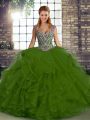 Glittering Floor Length Olive Green Sweet 16 Dress Straps Sleeveless Lace Up