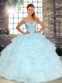 Luxury Light Blue Tulle Lace Up Ball Gown Prom Dress Sleeveless Floor Length Beading and Ruffles