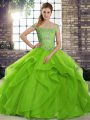 Custom Designed Green Tulle Lace Up Sweet 16 Dresses Sleeveless Brush Train Beading and Ruffles