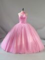 Smart Halter Top Sleeveless Lace Up Quinceanera Dress Baby Pink Tulle