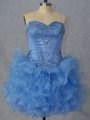 Noble Blue Lace Up Club Wear Beading and Ruffles Sleeveless Mini Length