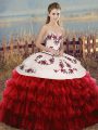Edgy Sleeveless Floor Length Embroidery and Ruffled Layers and Bowknot Lace Up Ball Gown Prom Dress with White And Red