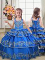 Top Selling Royal Blue Straps Lace Up Embroidery and Ruffled Layers Child Pageant Dress Sleeveless