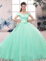Sexy Off The Shoulder Short Sleeves Quinceanera Gown Floor Length Lace and Hand Made Flower Apple Green Tulle