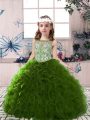 Olive Green Ball Gowns Scoop Sleeveless Organza Floor Length Lace Up Beading and Ruffles Little Girls Pageant Dress