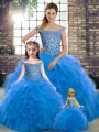 Sleeveless Brush Train Lace Up Beading and Ruffles Quinceanera Gown