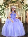 High Class Floor Length Lavender Girls Pageant Dresses Halter Top Sleeveless Lace Up