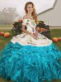 Aqua Blue Off The Shoulder Lace Up Embroidery and Ruffles 15 Quinceanera Dress Sleeveless