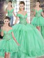 Stylish Apple Green Tulle Lace Up Off The Shoulder Sleeveless Floor Length Quince Ball Gowns Beading and Ruffles
