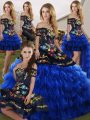 Floor Length Blue And Black Sweet 16 Dresses Off The Shoulder Sleeveless Lace Up