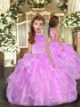 Halter Top Sleeveless Little Girl Pageant Gowns Floor Length Beading and Ruffles Lilac Organza