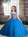 Tulle V-neck Sleeveless Lace Up Beading Little Girl Pageant Gowns in Blue