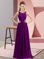 Sleeveless Floor Length Beading and Appliques Zipper Bridesmaid Dresses with Purple