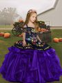 New Style Floor Length Purple Kids Formal Wear Organza Sleeveless Embroidery and Ruffles