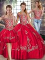 Beading and Embroidery Vestidos de Quinceanera Red Lace Up Sleeveless Floor Length