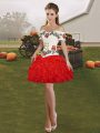 Embroidery and Ruffles Prom Dress Red Lace Up Sleeveless Mini Length