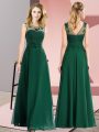 Best Sleeveless Chiffon Floor Length Zipper Wedding Party Dress in Dark Green with Beading and Appliques