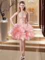 Sleeveless Organza Mini Length Lace Up Evening Dress in Pink with Beading and Ruffles