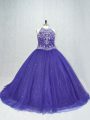 Captivating Purple Sleeveless Tulle Brush Train Lace Up Quinceanera Gown for Sweet 16 and Quinceanera