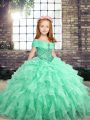 Apple Green Straps Neckline Beading and Ruffles Kids Pageant Dress Sleeveless Lace Up