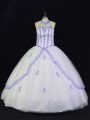 Affordable Halter Top Sleeveless Lace Up Ball Gown Prom Dress White And Purple Tulle