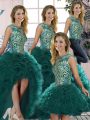 Cute Scoop Sleeveless Lace Up Vestidos de Quinceanera Peacock Green Organza
