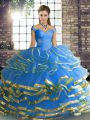 Floor Length Lace Up Vestidos de Quinceanera Blue for Military Ball and Sweet 16 and Quinceanera with Beading and Ruffled Layers