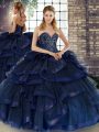 Exquisite Sleeveless Tulle Floor Length Lace Up Vestidos de Quinceanera in Navy Blue with Beading and Ruffles