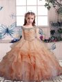 Latest Peach Organza Lace Up Little Girl Pageant Gowns Sleeveless Floor Length Beading and Ruffles
