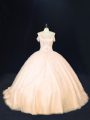 Peach Sweet 16 Quinceanera Dress Tulle Court Train Sleeveless Beading