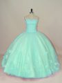 Sweetheart Sleeveless Quinceanera Gowns Floor Length Hand Made Flower Apple Green Tulle