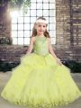 Sleeveless Floor Length Lace and Appliques Lace Up Pageant Gowns with Yellow Green