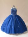 Elegant Ball Gowns Sweet 16 Quinceanera Dress Blue Scoop Tulle Sleeveless Floor Length Lace Up