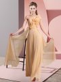 Stylish Empire Wedding Party Dress Peach One Shoulder Chiffon Sleeveless Floor Length Lace Up
