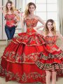 Red Quinceanera Gown Sweet 16 and Quinceanera with Embroidery and Ruffled Layers Sweetheart Sleeveless Lace Up