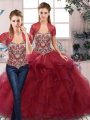 Best Beading and Ruffles Quinceanera Gowns Burgundy Lace Up Sleeveless Floor Length