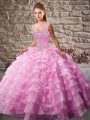 Customized Organza Straps Sleeveless Court Train Lace Up Beading and Ruffled Layers Sweet 16 Dresses in Pink
