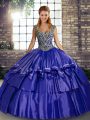 Wonderful Purple Straps Neckline Beading and Ruffled Layers Quinceanera Dresses Sleeveless Lace Up