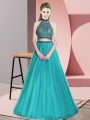 Best Floor Length Two Pieces Sleeveless Teal Dress for Prom Backless