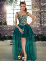 Trendy Sleeveless Tulle High Low Lace Up Prom Dress in Dark Green with Beading