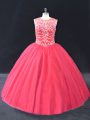 Fitting Coral Red Sweet 16 Dress Sweet 16 and Quinceanera with Beading Scoop Long Sleeves Lace Up