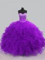 Floor Length Purple 15th Birthday Dress Tulle Sleeveless Beading and Ruffles