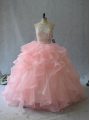Halter Top Sleeveless 15 Quinceanera Dress Beading and Ruffles Peach Organza