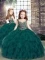 Custom Fit Teal Tulle Lace Up Straps Sleeveless Floor Length Child Pageant Dress Beading and Ruffles