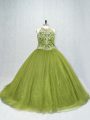 Super Sleeveless Beading Lace Up 15th Birthday Dress with Olive Green Brush Train