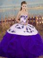 White And Purple Sleeveless Embroidery and Ruffles and Bowknot Floor Length Ball Gown Prom Dress