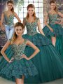 Edgy Sleeveless Floor Length Beading and Appliques Lace Up Sweet 16 Dresses with Green